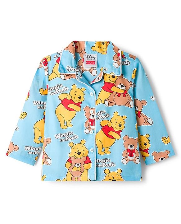 Babyhug Disney Cotton Woven Full Sleeves Shirt & Pyjama Co-ord Night Suit With Winnie The Pooh Print - Light Blue