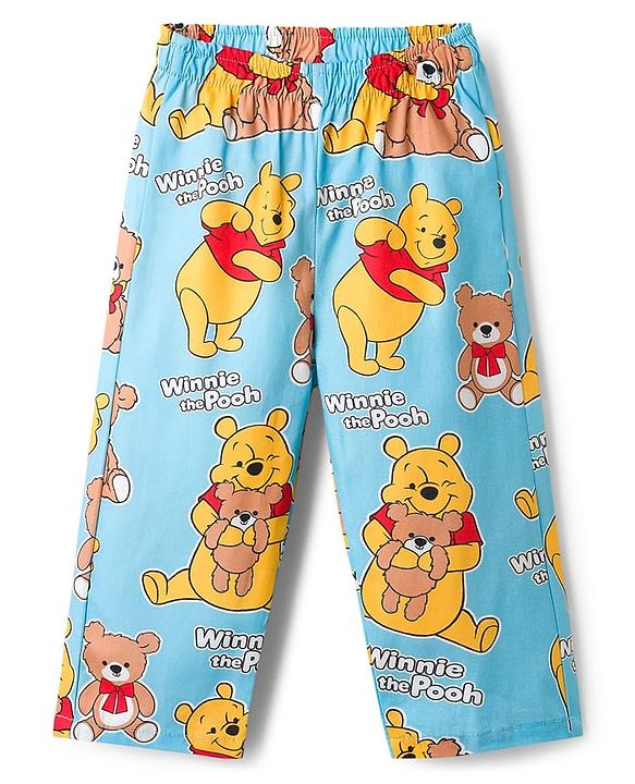 Babyhug Disney Cotton Woven Full Sleeves Shirt & Pyjama Co-ord Night Suit With Winnie The Pooh Print - Light Blue