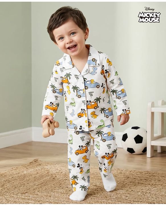 Babyhug Disney Cotton Woven Full Sleeves Co-ords Night Suit With Dino Print - White
