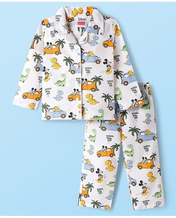 Babyhug Disney Cotton Woven Full Sleeves Co-ords Night Suit With Dino Print - White