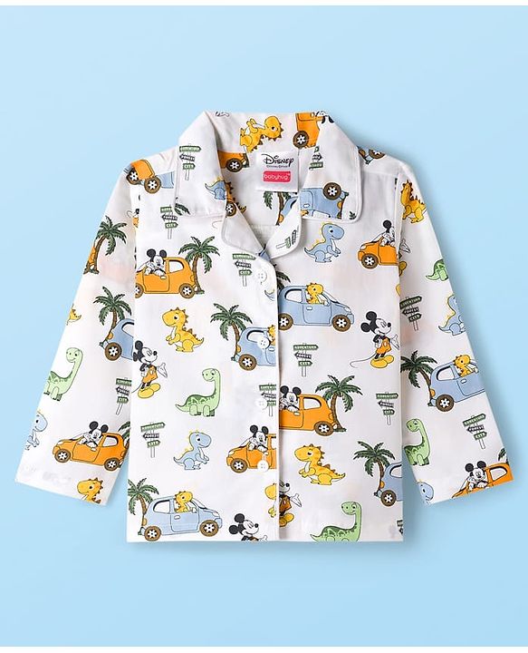 Babyhug Disney Cotton Woven Full Sleeves Co-ords Night Suit With Dino Print - White
