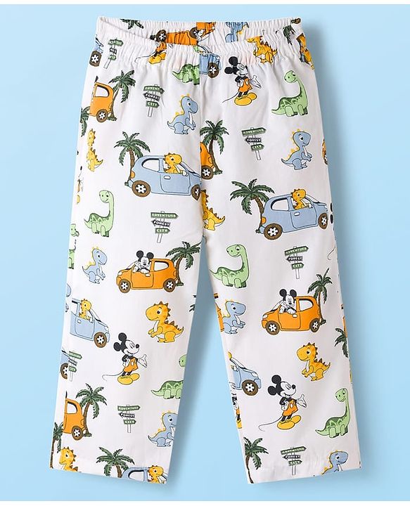 Babyhug Disney Cotton Woven Full Sleeves Co-ords Night Suit With Dino Print - White