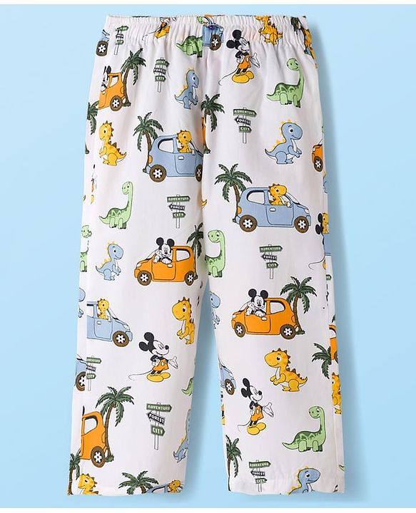 Babyhug Disney Cotton Woven Full Sleeves Co-ords Night Suit With Dino Print - White