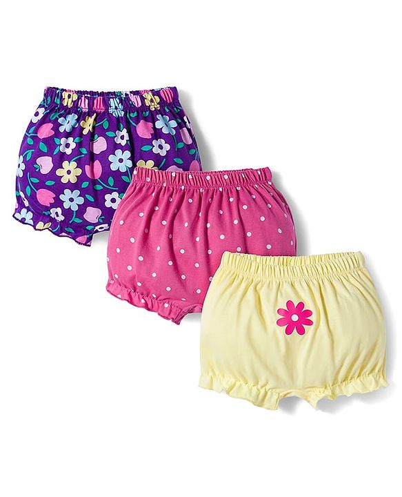 Babyhug 100% Cotton Knit Bloomers with Floral Print Pack of 3 - Yellow Purple & Pink