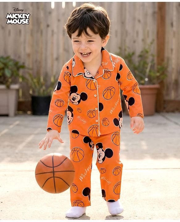 Babyhug Disney 100% Cotton Woven Full Sleeves Front Open Shirt & Pyjama Co-Ord Night Suit With Micky Mouse Print - Orange