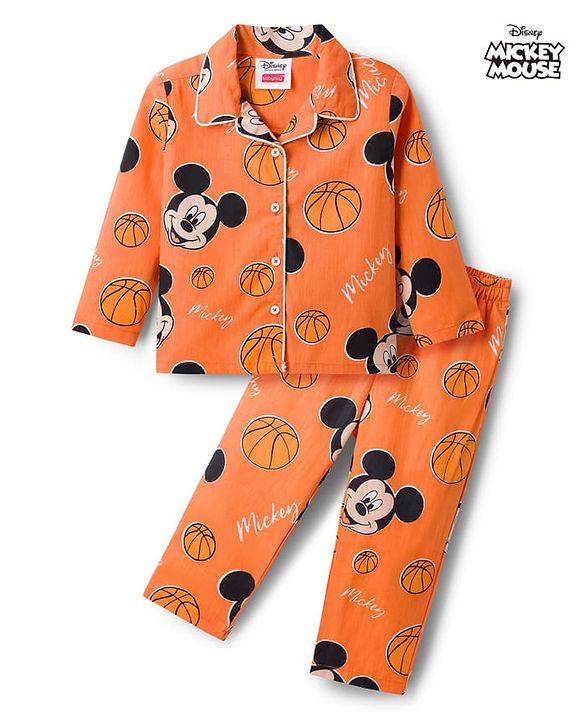 Babyhug Disney 100% Cotton Woven Full Sleeves Front Open Shirt & Pyjama Co-Ord Night Suit With Micky Mouse Print - Orange