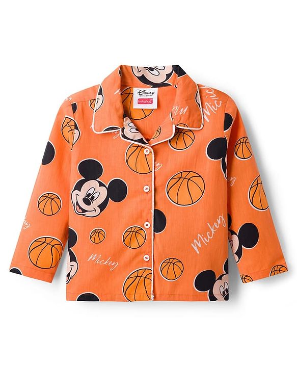 Babyhug Disney 100% Cotton Woven Full Sleeves Front Open Shirt & Pyjama Co-Ord Night Suit With Micky Mouse Print - Orange