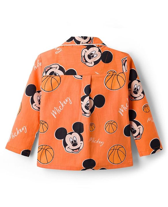 Babyhug Disney 100% Cotton Woven Full Sleeves Front Open Shirt & Pyjama Co-Ord Night Suit With Micky Mouse Print - Orange