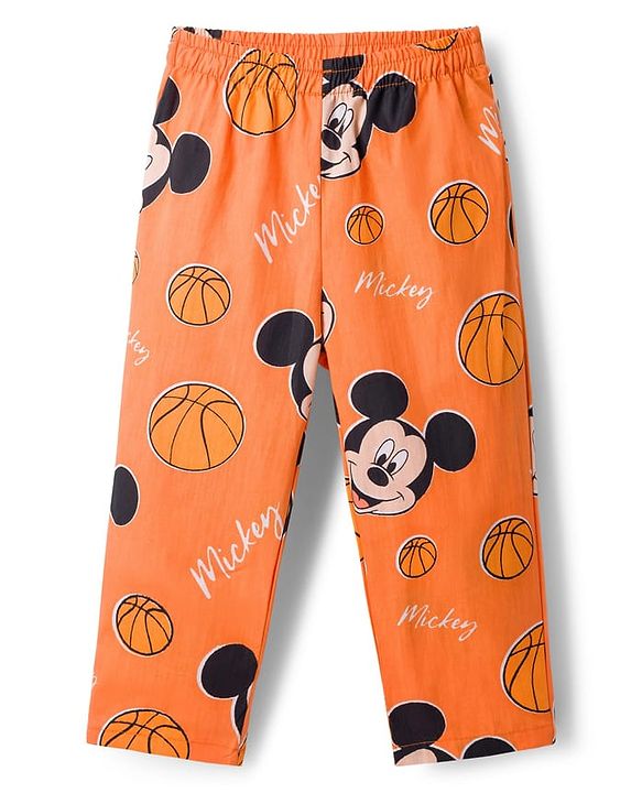 Babyhug Disney 100% Cotton Woven Full Sleeves Front Open Shirt & Pyjama Co-Ord Night Suit With Micky Mouse Print - Orange