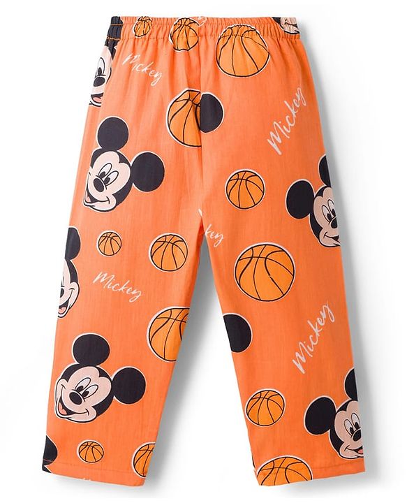 Babyhug Disney 100% Cotton Woven Full Sleeves Front Open Shirt & Pyjama Co-Ord Night Suit With Micky Mouse Print - Orange
