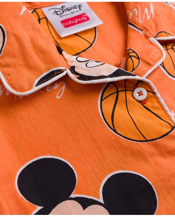 Babyhug Disney 100% Cotton Woven Full Sleeves Front Open Shirt & Pyjama Co-Ord Night Suit With Micky Mouse Print - Orange