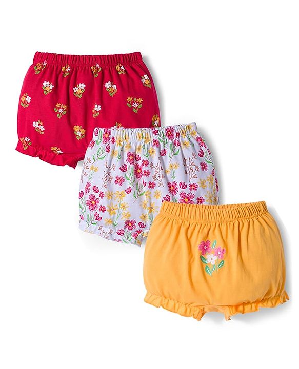 Babyhug 100% Cotton Knit Bloomers with Floral Print Pack of 3 - Yellow White & Red