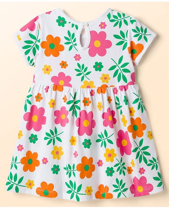 Babyhug 100% Cotton Knit Half Sleeves Floral Printed Frock With Bow Applique - White