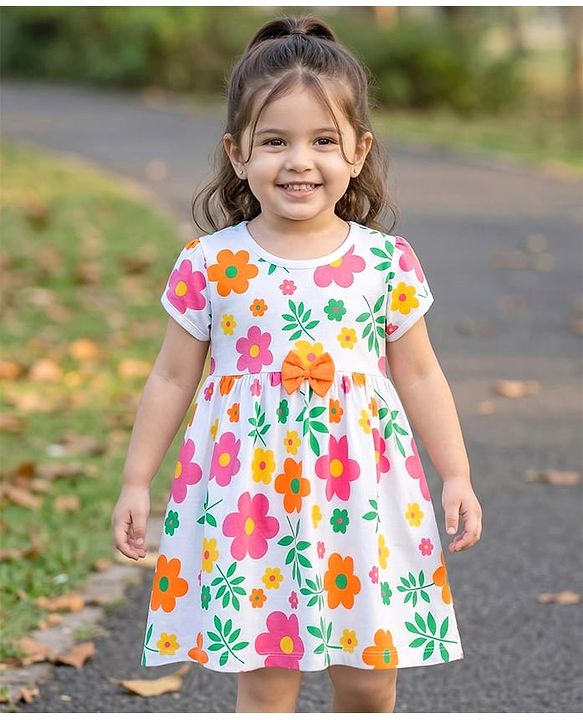 Babyhug 100% Cotton Knit Half Sleeves Floral Printed Frock With Bow Applique - White