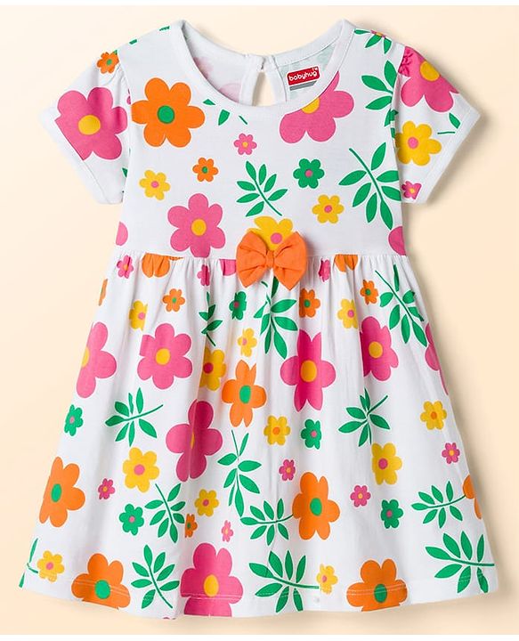 Babyhug 100% Cotton Knit Half Sleeves Floral Printed Frock With Bow Applique - White