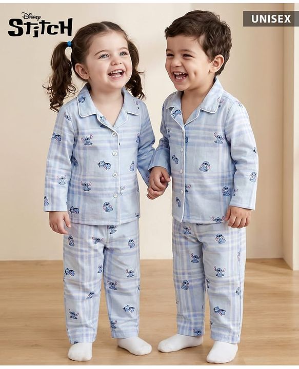 Babyhug Disney Cotton Woven Full Sleeves Co-ords Night Suit With Lilo & Stitch - Blue