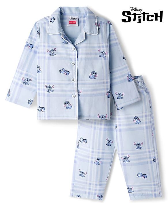 Babyhug Disney Cotton Woven Full Sleeves Co-ords Night Suit With Lilo & Stitch - Blue