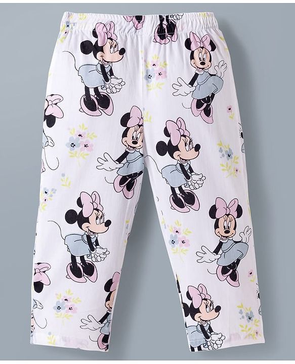 Babyhug Disney Cotton Woven Full Sleeves Co-ords Shirt & Pajama Night Suit with Minnie Mouse Print - White