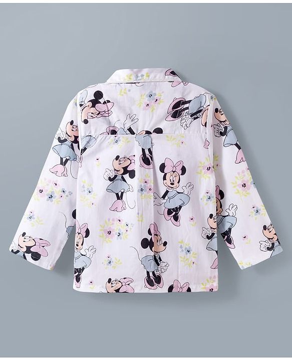 Babyhug Disney Cotton Woven Full Sleeves Co-ords Shirt & Pajama Night Suit with Minnie Mouse Print - White