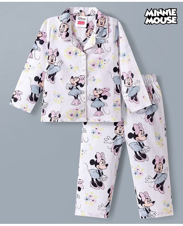Babyhug Disney Cotton Woven Full Sleeves Co-ords Shirt & Pajama Night Suit with Minnie Mouse Print - White