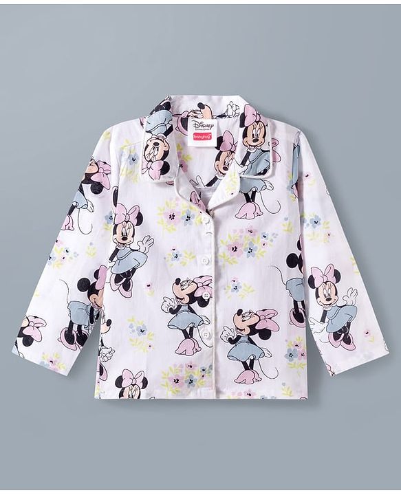 Babyhug Disney Cotton Woven Full Sleeves Co-ords Shirt & Pajama Night Suit with Minnie Mouse Print - White