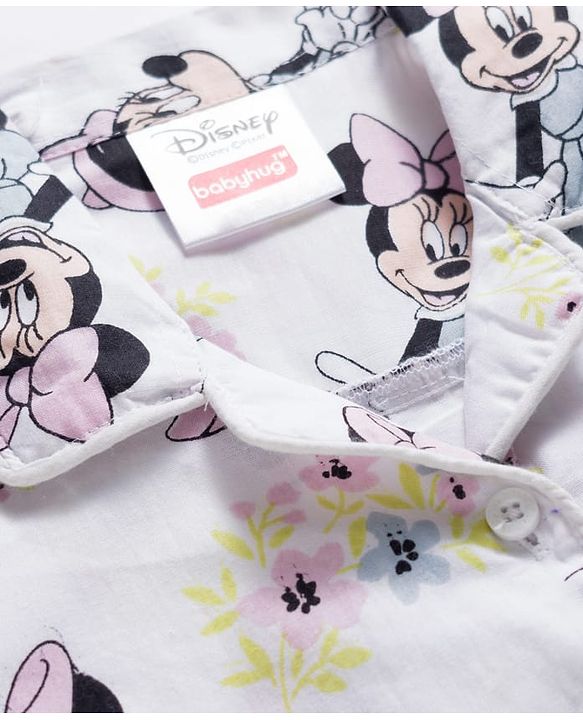 Babyhug Disney Cotton Woven Full Sleeves Co-ords Shirt & Pajama Night Suit with Minnie Mouse Print - White