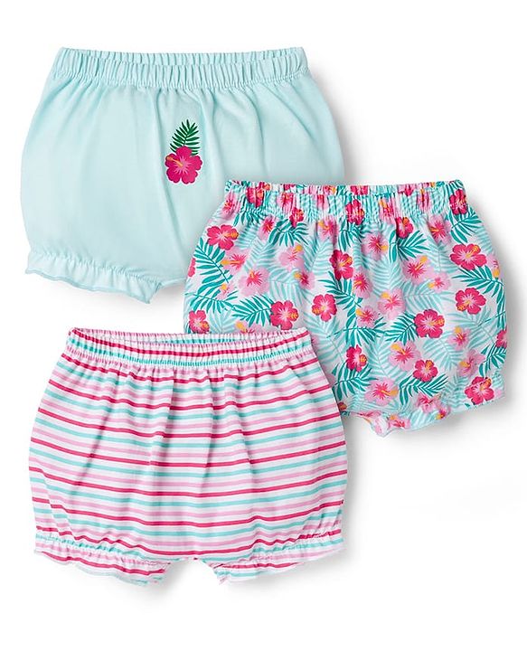 Babyhug 100% Cotton Single Jersey Knit Bloomer With Floral Print Pack Of 3 - Light Blue & Pink
