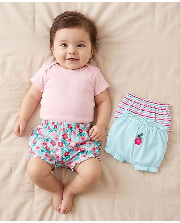 Babyhug 100% Cotton Single Jersey Knit Bloomer With Floral Print Pack Of 3 - Light Blue & Pink