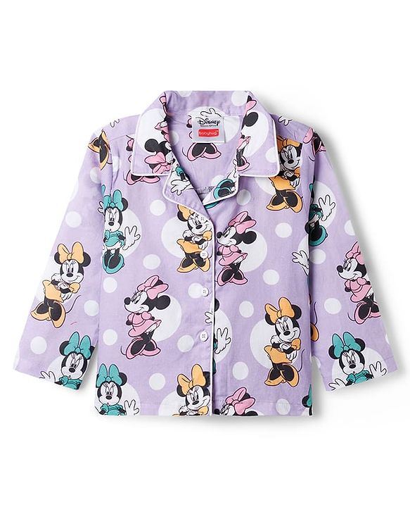 Babyhug Disney Cotton Woven Full Sleeves Front Open Co-Ords Shirt & Pyjama Night Suit With Minnie Mouse Print - Purple