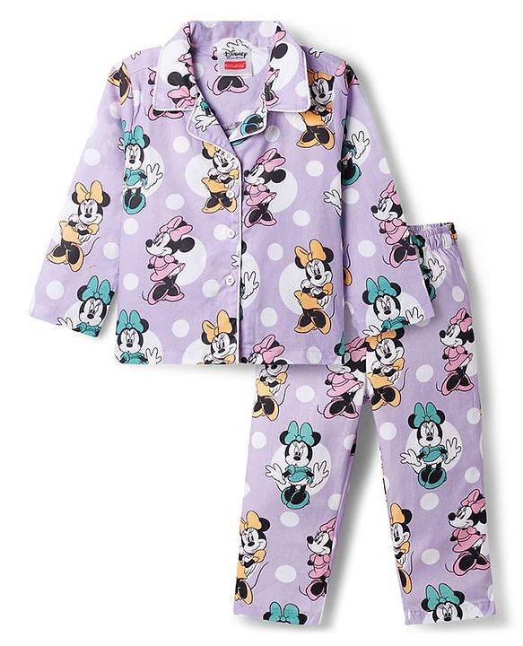 Babyhug Disney Cotton Woven Full Sleeves Front Open Co-Ords Shirt & Pyjama Night Suit With Minnie Mouse Print - Purple