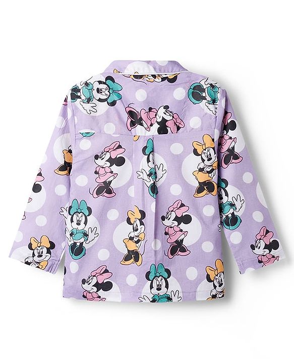 Babyhug Disney Cotton Woven Full Sleeves Front Open Co-Ords Shirt & Pyjama Night Suit With Minnie Mouse Print - Purple
