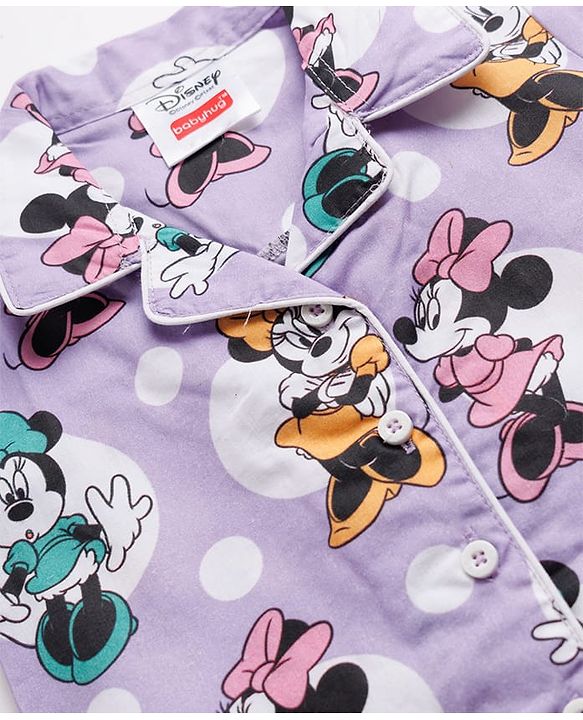 Babyhug Disney Cotton Woven Full Sleeves Front Open Co-Ords Shirt & Pyjama Night Suit With Minnie Mouse Print - Purple