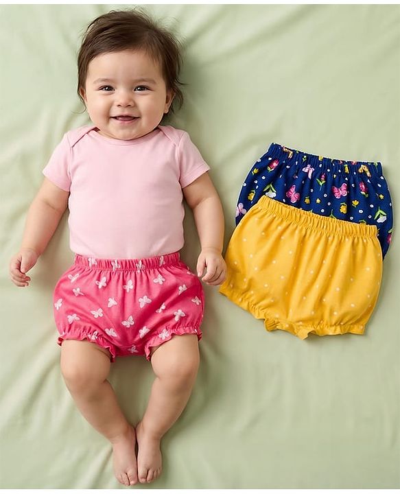 Babyhug 100% Cotton Single Jersey Knit Bloomers With Floral Print Pack Of 3 - Yellow Navy Blue & Pink