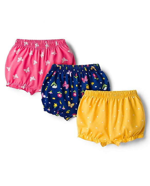 Babyhug 100% Cotton Single Jersey Knit Bloomers With Floral Print Pack Of 3 - Yellow Navy Blue & Pink