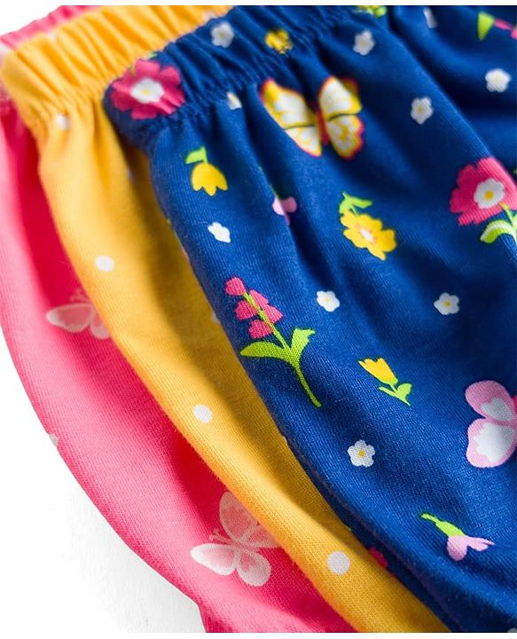 Babyhug 100% Cotton Single Jersey Knit Bloomers With Floral Print Pack Of 3 - Yellow Navy Blue & Pink