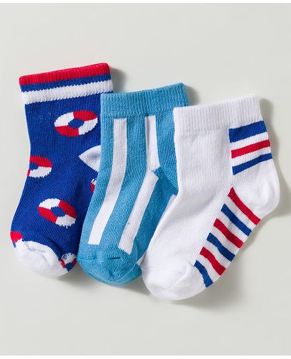 Cute Walk by Babyhug Non Terry Knit Ankle Length Anti Bacterial Striped & Designed Socks Pack of 3 - Multicolor