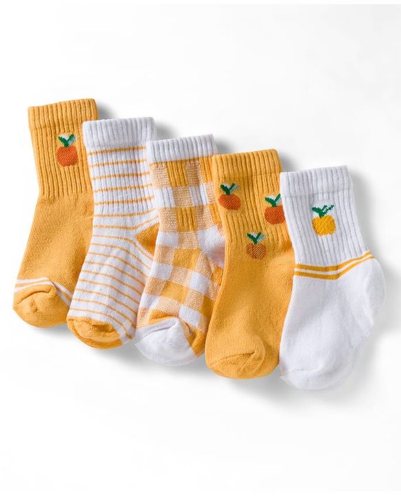 Cute Walk by Babyhug Ankle Length Anti Bacterial Socks with Fruits Design Pack of 5 - Golden & White