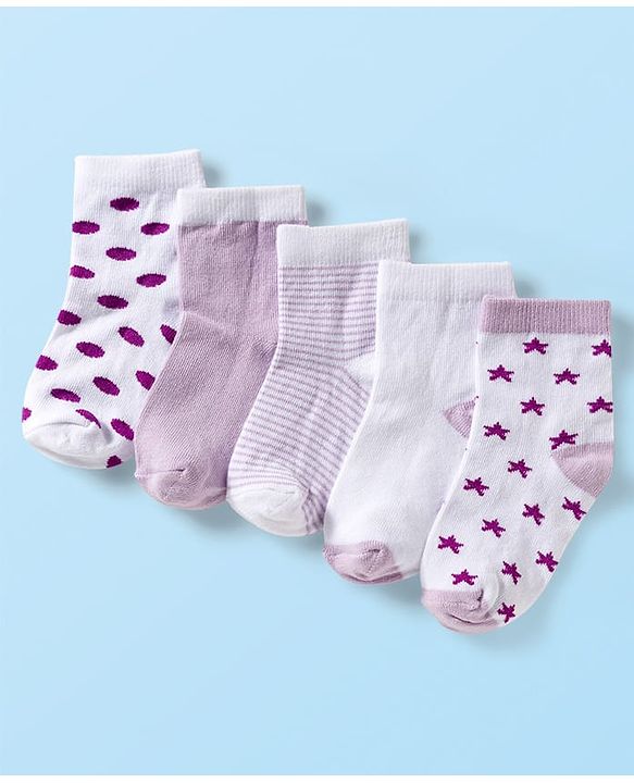 Cute Walk by Babyhug Ankle Length Anti-Bacterial Striped Socks with Polka Dot & Star Design Pack of 5 - Multicolor