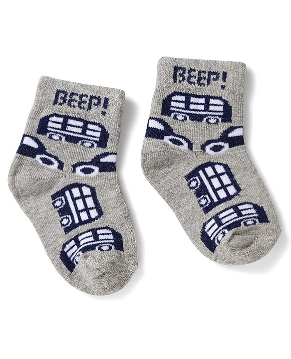 Cute Walk by Babyhug Non Terry Knit Ankle Length Anti Bacterial Socks With Stripes & Bus Design Pack of 3 - Grey Navy Blue & White