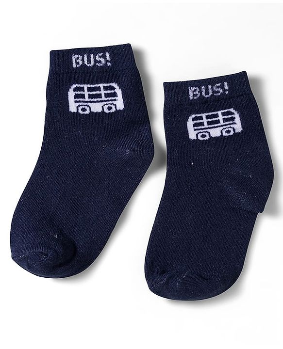 Cute Walk by Babyhug Non Terry Knit Ankle Length Anti Bacterial Socks With Stripes & Bus Design Pack of 3 - Grey Navy Blue & White