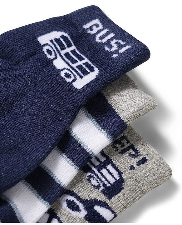 Cute Walk by Babyhug Non Terry Knit Ankle Length Anti Bacterial Socks With Stripes & Bus Design Pack of 3 - Grey Navy Blue & White