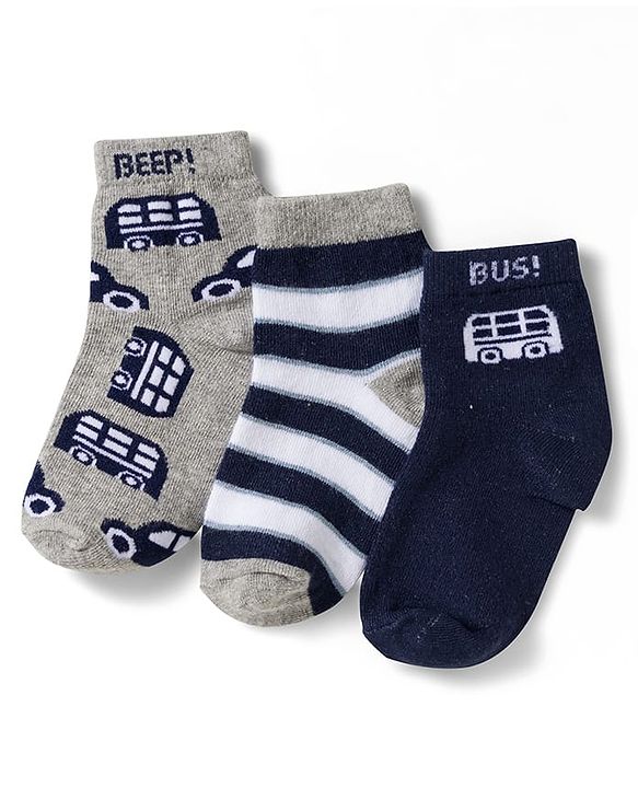 Cute Walk by Babyhug Non Terry Knit Ankle Length Anti Bacterial Socks With Stripes & Bus Design Pack of 3 - Grey Navy Blue & White