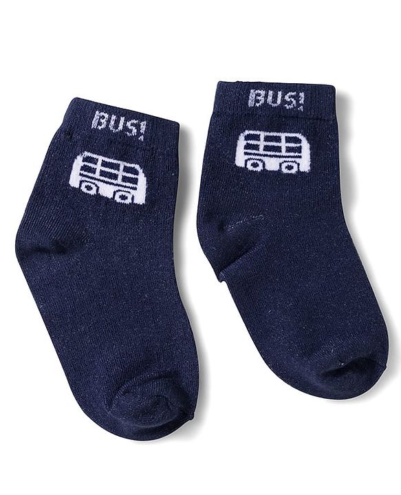 Cute Walk by Babyhug Non Terry Knit Ankle Length Anti Bacterial Socks With Stripes & Bus Design Pack of 3 - Grey Navy Blue & White