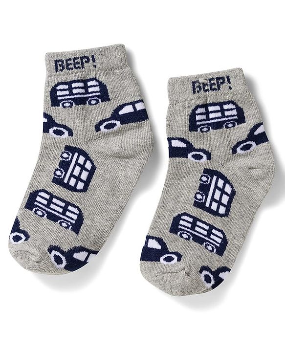 Cute Walk by Babyhug Non Terry Knit Ankle Length Anti Bacterial Socks With Stripes & Bus Design Pack of 3 - Grey Navy Blue & White