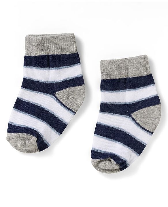 Cute Walk by Babyhug Non Terry Knit Ankle Length Anti Bacterial Socks With Stripes & Bus Design Pack of 3 - Grey Navy Blue & White