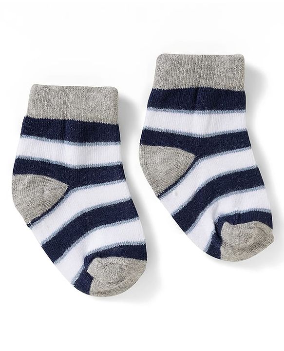 Cute Walk by Babyhug Non Terry Knit Ankle Length Anti Bacterial Socks With Stripes & Bus Design Pack of 3 - Grey Navy Blue & White