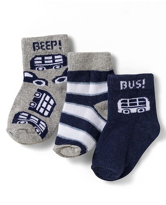 Cute Walk by Babyhug Non Terry Knit Ankle Length Anti Bacterial Socks With Stripes & Bus Design Pack of 3 - Grey Navy Blue & White