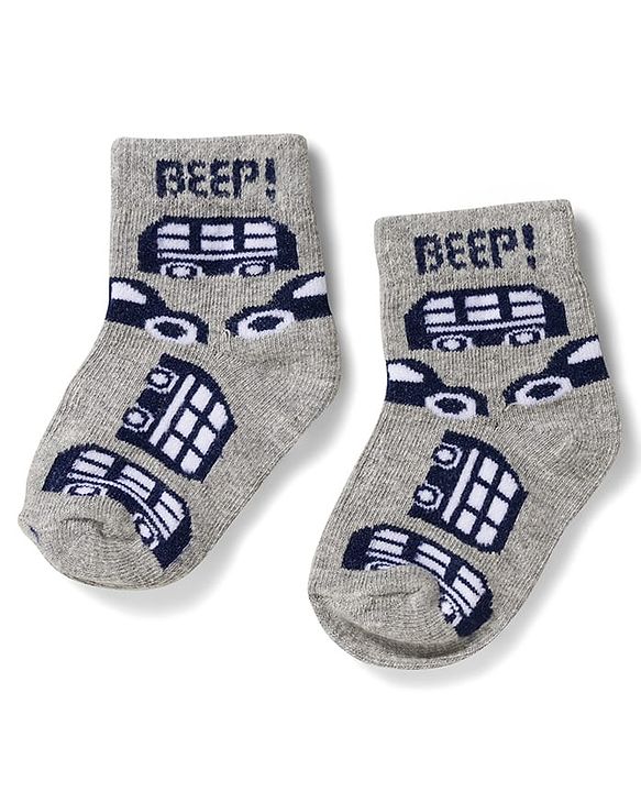 Cute Walk by Babyhug Non Terry Knit Ankle Length Anti Bacterial Socks With Stripes & Bus Design Pack of 3 - Grey Navy Blue & White