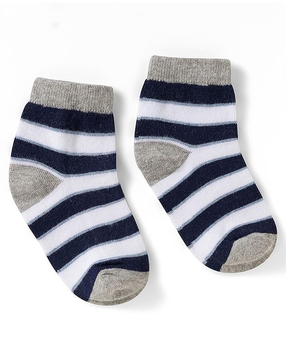 Cute Walk by Babyhug Non Terry Knit Ankle Length Anti Bacterial Socks With Stripes & Bus Design Pack of 3 - Grey Navy Blue & White
