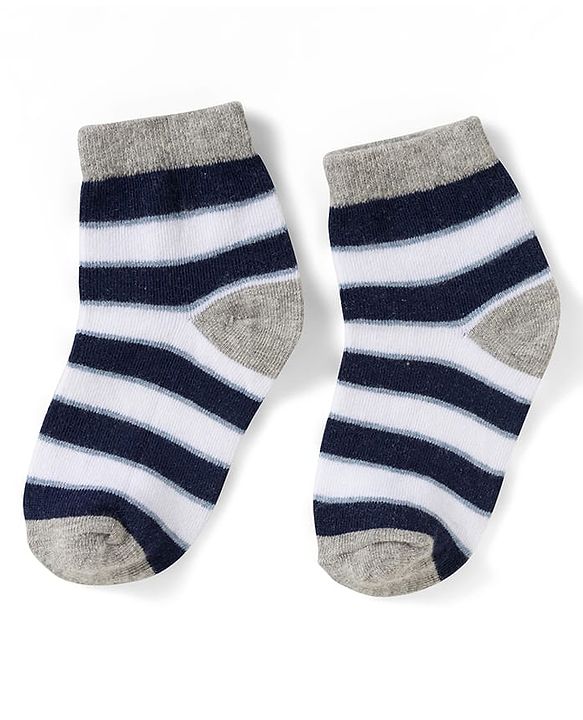 Cute Walk by Babyhug Non Terry Knit Ankle Length Anti Bacterial Socks With Stripes & Bus Design Pack of 3 - Grey Navy Blue & White